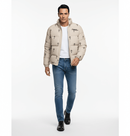 Print Stand Collar Cotton Puffer Jacket for Women, showcasing bold print design and stylish pleated silhouette.