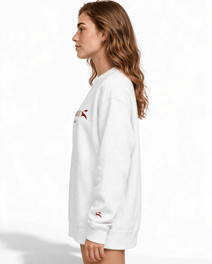 Studio side profile of the White brushed fleece crewneck
