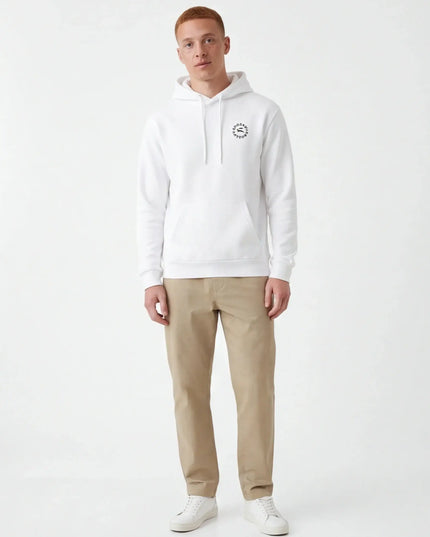 Front view of the Maison Grozavu Archival Ecru Hoodie in hoodie — showing the sophisticated hardware.