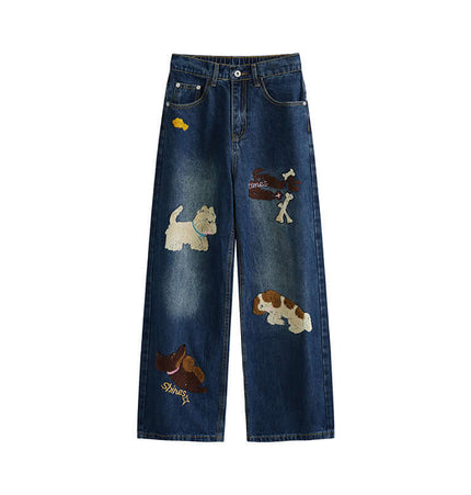 Puppy Embroidered Denim Jeans - Loose Fit with playful puppy patchwork detailing and relaxed, casual style.