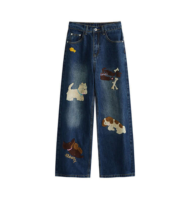 Puppy Embroidered Denim Jeans - Loose Fit with playful puppy patchwork detailing and relaxed, casual style.