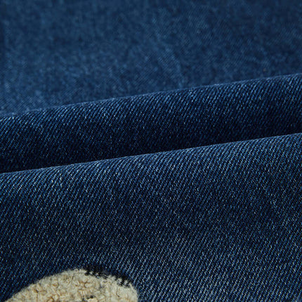 Puppy Embroidered Denim Jeans - Loose Fit, showcasing close-up details of the fabric and playful puppy embroidery.
