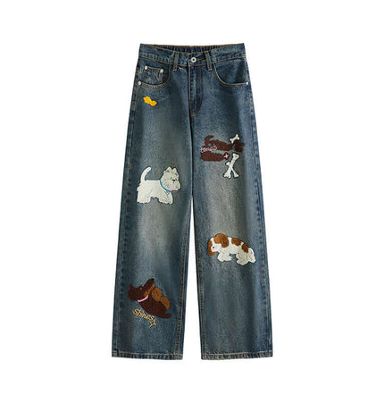 Puppy Embroidered Denim Jeans - Loose Fit featuring playful puppy patches on a relaxed denim silhouette.