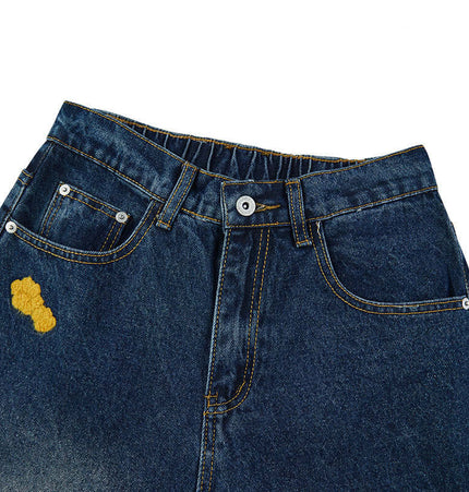 Puppy Embroidered Denim Jeans - Loose Fit featuring playful puppy embroidery and relaxed mid-waist design.
