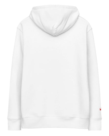 White pure cotton hoodie with metal eyelets, studio back view