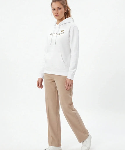 Front view of the Maison Grozavu Stark Chalk Hoodie in collection — showing the sophisticated hardware.