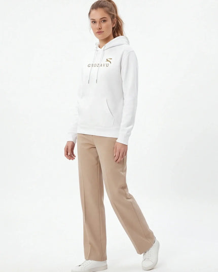 Front view of the Maison Grozavu Stark Chalk Hoodie in collection — showing the sophisticated hardware.