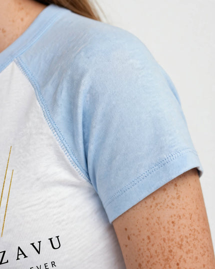 Raglan sleeve seam detail on the baby blue micro rib baby tee