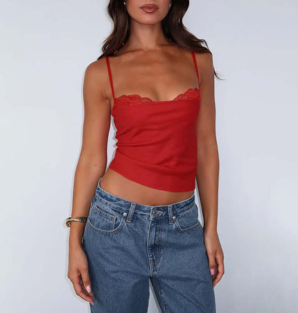 Patchwork Lace Camisole Top – Slim Fit in red with lace detail, paired with high-waisted jeans for a stylish look.