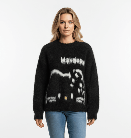 Regular Fit Animal Print Fleece Sweater featuring a trendy black design and cozy texture, perfect for autumn wear.
