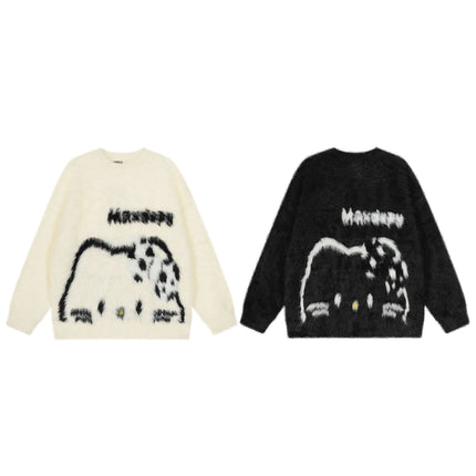 Regular Fit Animal Print Fleece Sweater in white and black featuring a cozy fur texture and playful design.