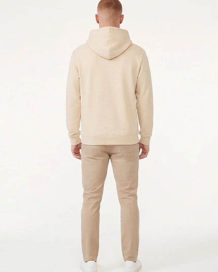 Rear view of the Maison Grozavu Archival Ecru Hoodie in hoodie — showing the robust construction.