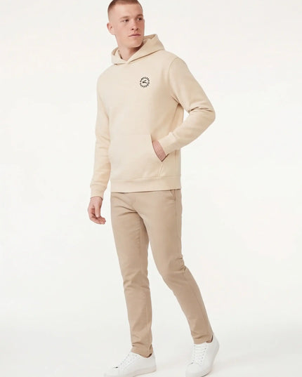 Front view of the Maison Grozavu Archival Ecru Hoodie in hoodie — showing the relaxed fit.