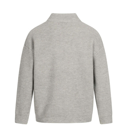 Back view of the Retro Cardigan Sweater - Loose Fit in gray, showcasing its relaxed silhouette and stand-up collar.