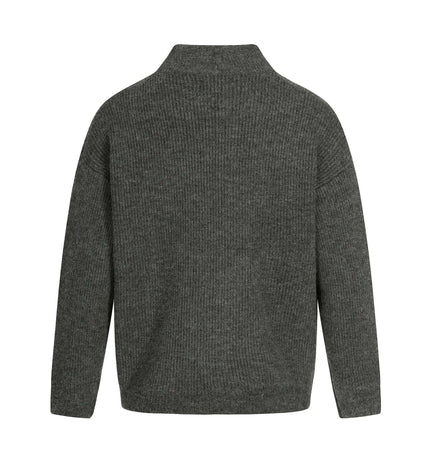 Back view of a Retro Cardigan Sweater - Loose Fit in dark gray with a stand-up collar and wide silhouette.