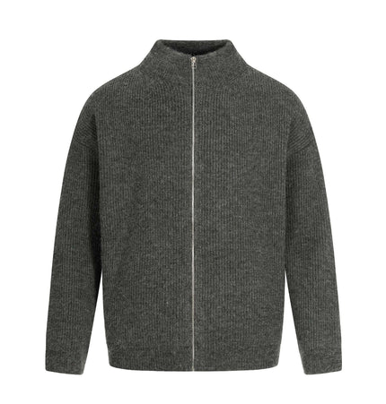 Retro Cardigan Sweater - Loose Fit in a stylish gray ribbed design with a stand-up collar and zip front.