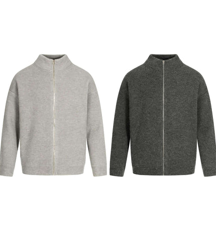 Retro Cardigan Sweater - Loose Fit in gray and dark green colors, showcasing a modern, structured design.