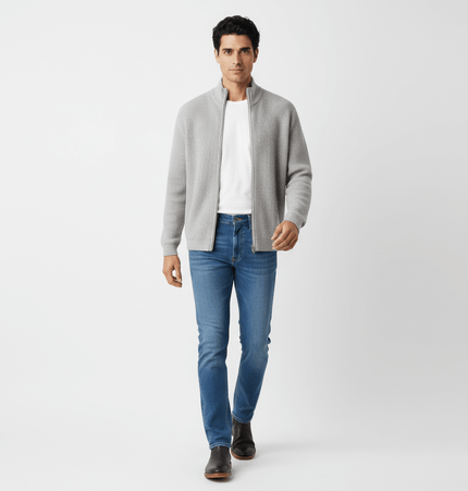 Retro Cardigan Sweater - Loose Fit in gray with jeans, perfect for modern streetwear styling.