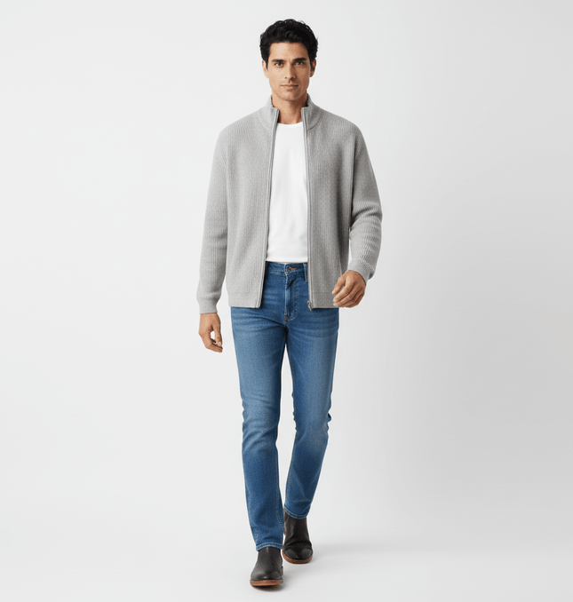 Retro Cardigan Sweater - Loose Fit in gray with jeans, perfect for modern streetwear styling.