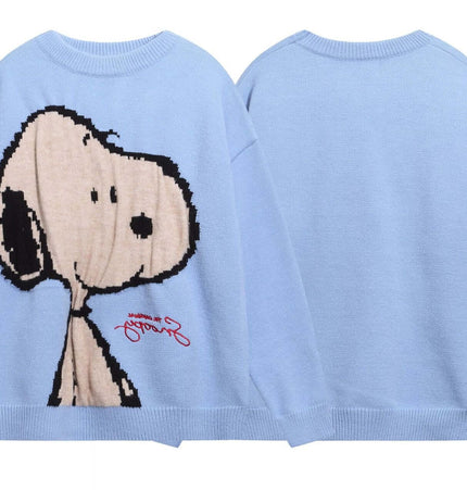 Retro Cartoon Jacquard Hoodie - Loose Fit featuring a playful Snoopy design on a light blue background.