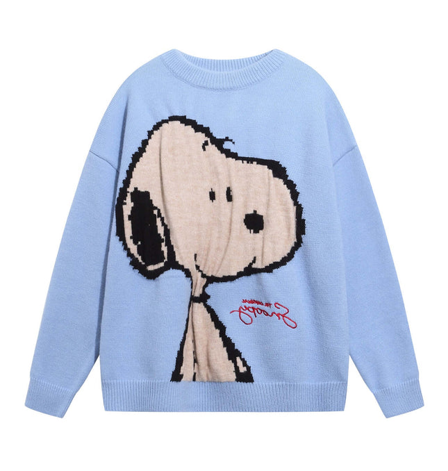 Retro Cartoon Jacquard Hoodie - Loose Fit featuring a playful Snoopy design on a light blue sweater.