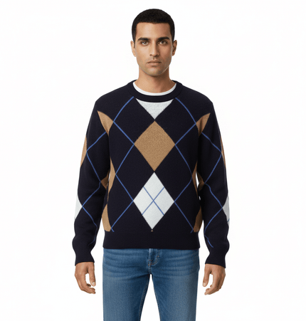 Retro Diamond Grid Round Neck Sweater featuring a vintage-inspired diamond grid pattern in navy and tan.
