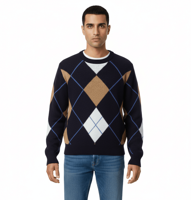 Retro Diamond Grid Round Neck Sweater featuring a vintage-inspired diamond grid pattern in navy and tan.