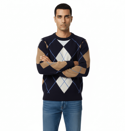 Retro Diamond Grid Round Neck Sweater with vintage diamond pattern, model wearing it with arms crossed.