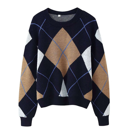 Retro Diamond Grid Round Neck Sweater featuring vintage-inspired diamond grid pattern in navy, brown, and white.