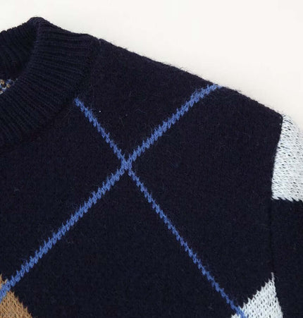 Retro Diamond Grid Round Neck Sweater detail showing diamond grid pattern and round neck design.