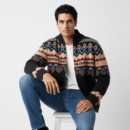 Retro Fair Isle Knit Cardigan – Loose Fit worn by a model, featuring bold color-block patterns and a relaxed fit.