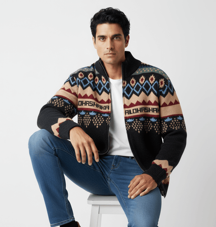 Retro Fair Isle Knit Cardigan – Loose Fit worn by a model, featuring bold color-block patterns and a relaxed fit.