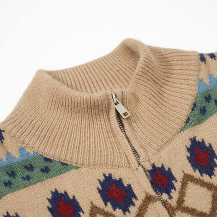 Close-up view of the Retro Fair Isle Knit Cardigan – Loose Fit showcasing the zip-up collar and intricate pattern.