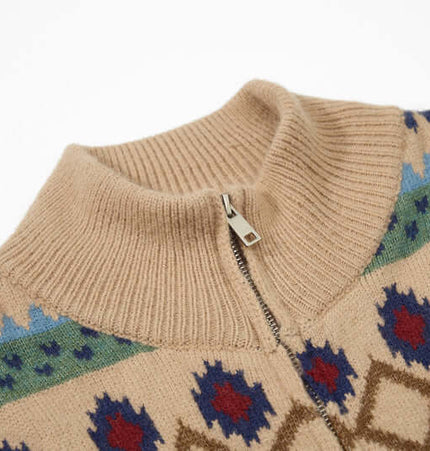 Close-up view of the Retro Fair Isle Knit Cardigan – Loose Fit showcasing the zip-up collar and intricate pattern.
