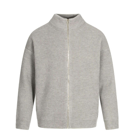 Retro Cardigan Sweater - Loose Fit, grey ribbed open-front cardigan with stand-up collar and relaxed silhouette.