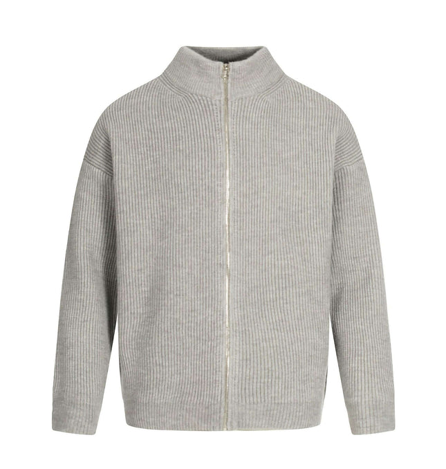 Retro Cardigan Sweater - Loose Fit, grey ribbed open-front cardigan with stand-up collar and relaxed silhouette.