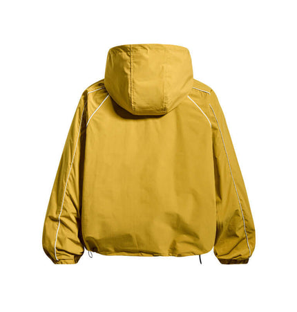 Back view of the Retro Hooded Zip Jacket – Loose Fit in vibrant yellow with a classic hooded design.