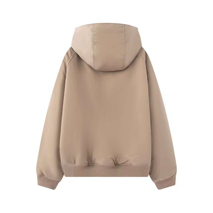 Back view of Retro Flight Jacket – Oversized in beige with hood, showcasing stylish oversized design.