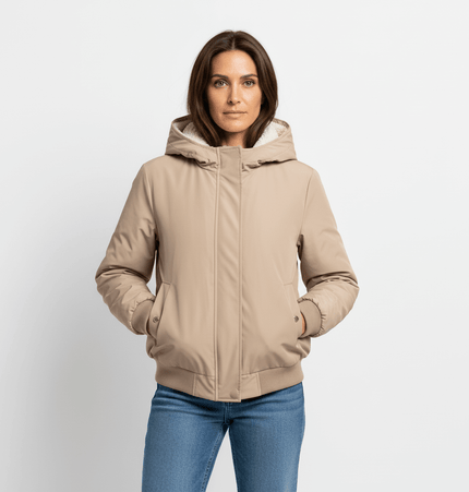 Retro Flight Jacket – Oversized in beige, featuring a hood and relaxed fit for modern streetwear style.