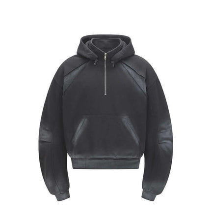 Patchwork Half-Zip Hoodie in black featuring a half-zip high-neck design for modern streetwear style.