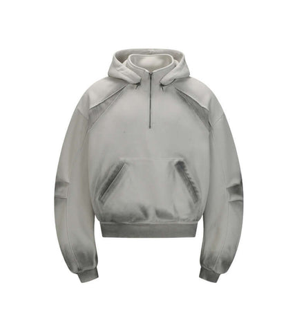 Patchwork Half-Zip Hoodie in a stylish gray color with a high neck and front pouch pocket design.