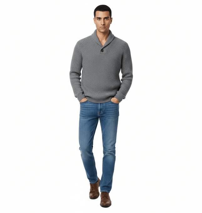Retro Turn-Down Collar Sweater - Loose Fit worn by a model, showcasing a relaxed style with jeans and shoes.