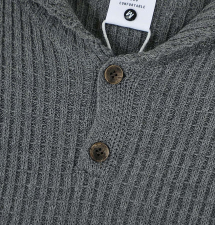 Retro Turn-Down Collar Sweater - Loose Fit in gray with button details and textured knit fabric.