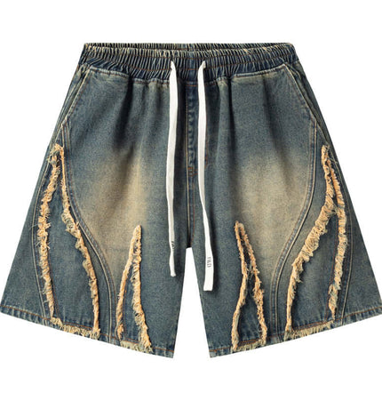 Retro Washed Frayed Denim Shorts featuring a trendy frayed fringe hem in blue denim with an elastic waistband.