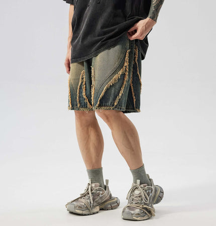 Man wearing Retro Washed Frayed Denim Shorts featuring a frayed hem and casual streetwear style.