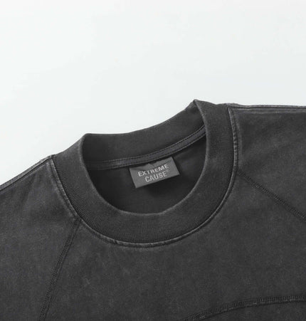 Retro Washed Letter Print TShirt – Loose Fit close-up of black neckline and stitching details