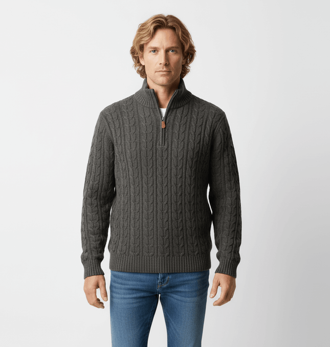 Retro Wool Sweater - Loose Fit modeled by a man, featuring a cable knit design and half-zip collar in dark gray.