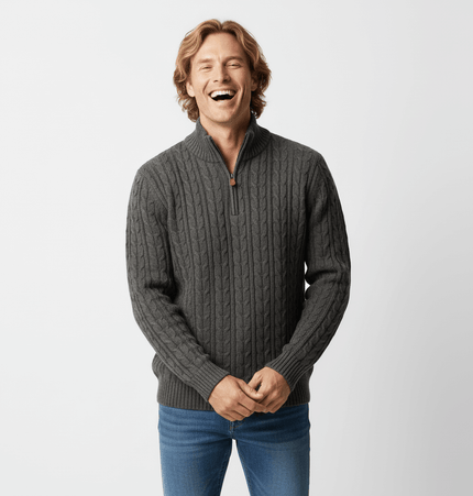 Retro Wool Sweater - Loose Fit worn by a smiling man, showcasing a cozy and stylish look with a zip neck design.