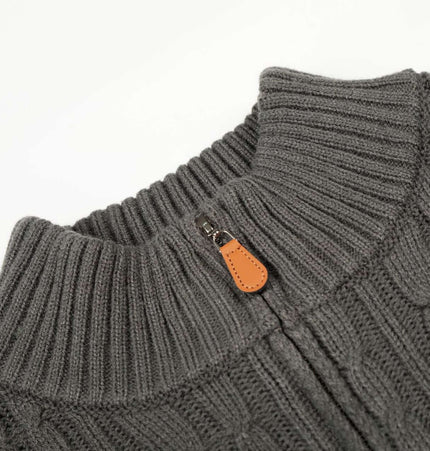 Retro Wool Sweater - Loose Fit close-up of high neck and zipper detail in gray cable knit design.