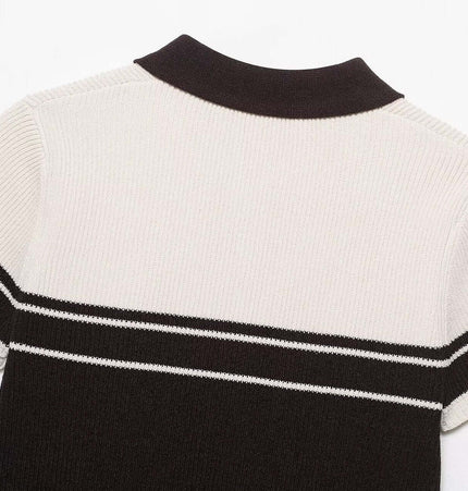 Ribbed Stripe Knit Polo Shirt – Loose Fit, back view showing ribbed stripe texture and classic collar design.